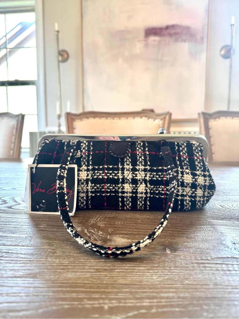 New! Vera Bradley Black & White Tweed Frame Bag Mini with Red Accents